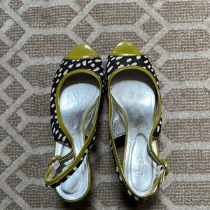 Boden fake cowhide peep toe kitten heel